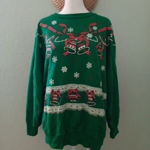 Vintage Festive Green Sweater with Bells and Snowflakes